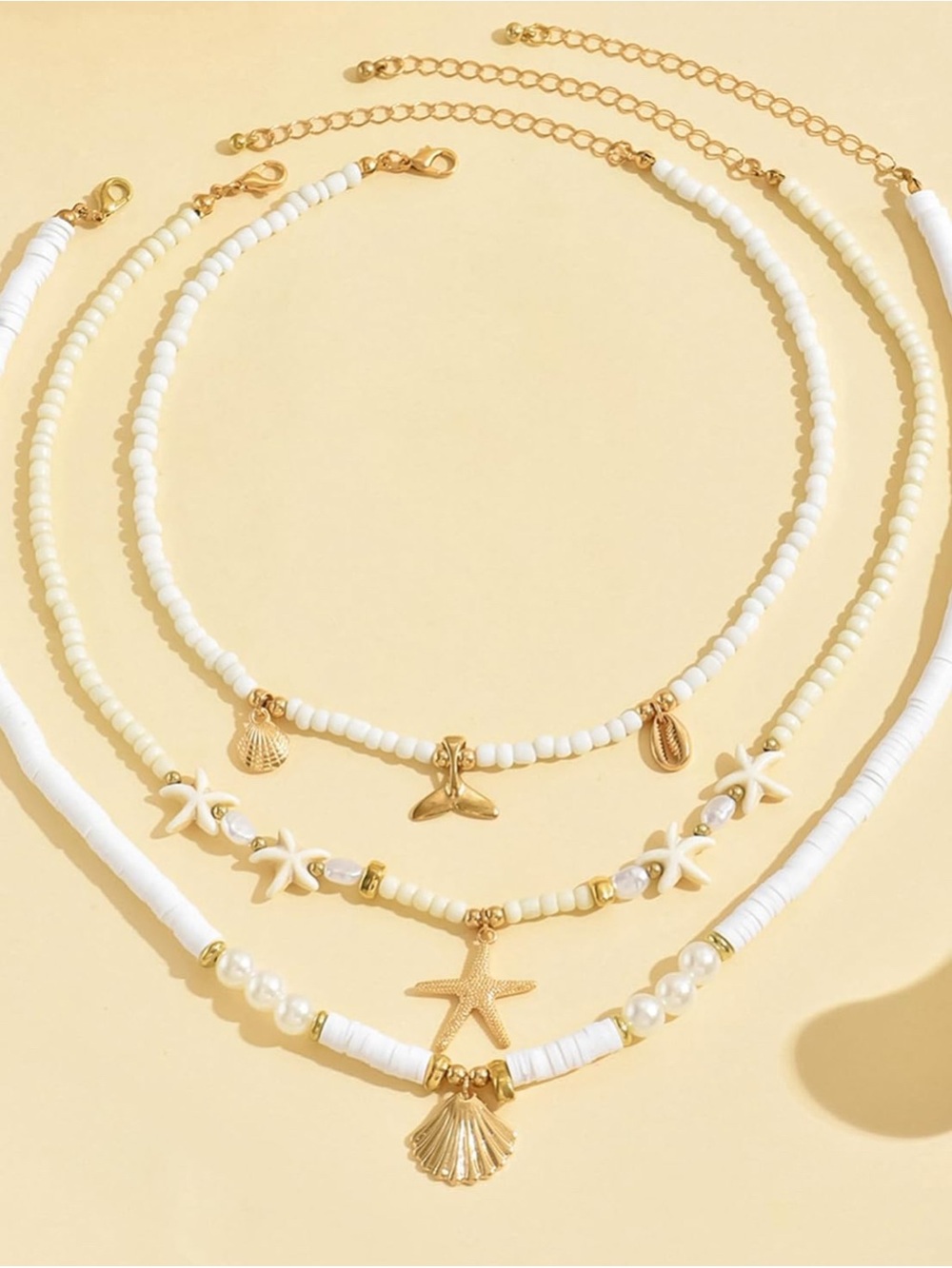 Gold Shell & Starfish Layered White Beaded Necklaces and Bracelets Set - Picture 6 of 6